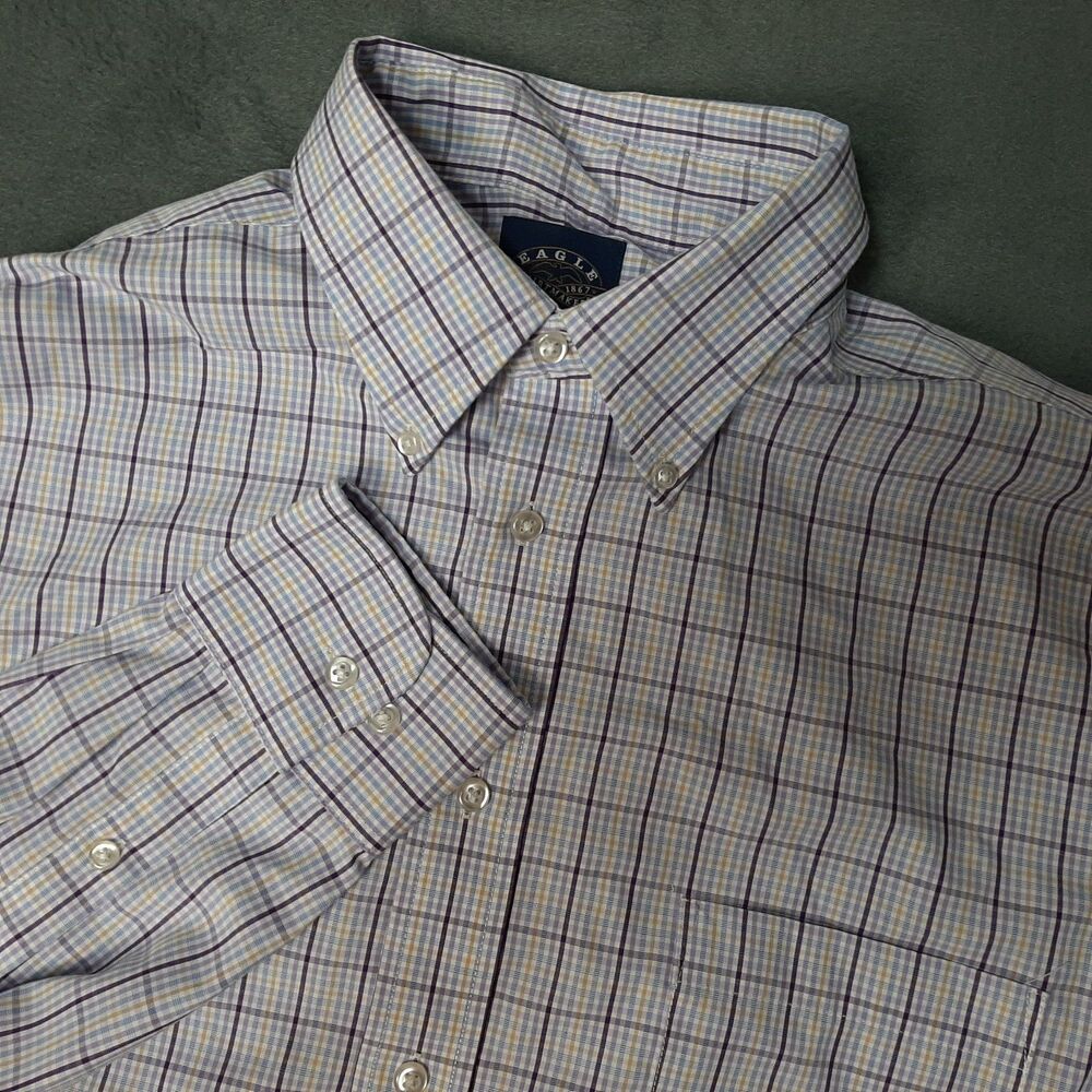 Eagle Shirtmakers Shirt Mens Large White Purple Plaid Tattersall Check Stretch